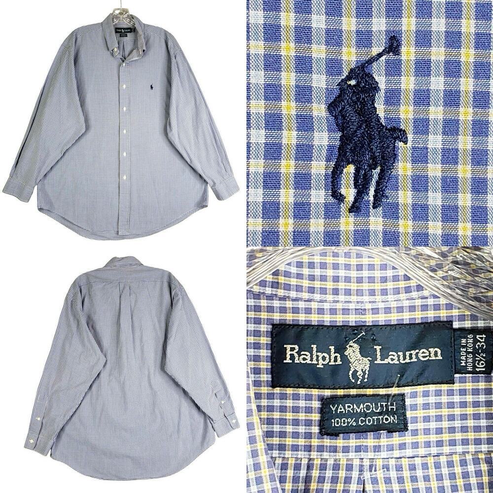 Polo Ralph Lauren Shirt Oxford Button Down Mens Size 16.5 Large LS Blue Plaid